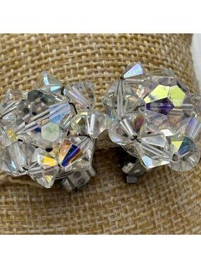 VTG 50's Aurora Borealis Crystal Cluster Clip-On Earrings Mid-Century Sparkling